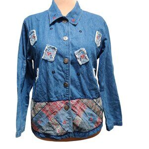 Bobbie Brooks M Vintage Patchwork Denim Jacket Embroidered Accents Americana